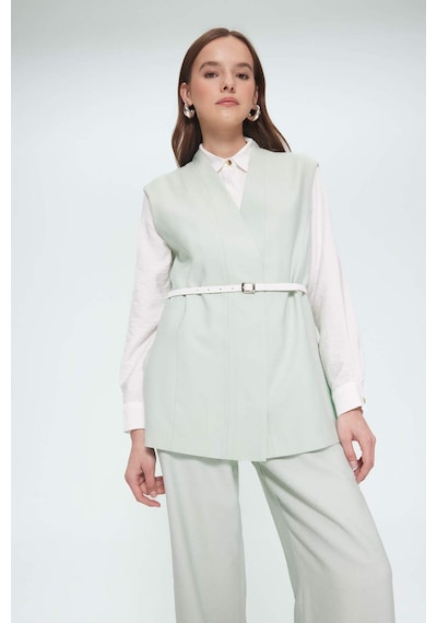 Defacto V Yaka Kemerli Twill Tesettür Klasik Yelek F1371ax25smgn1181 Yeşil