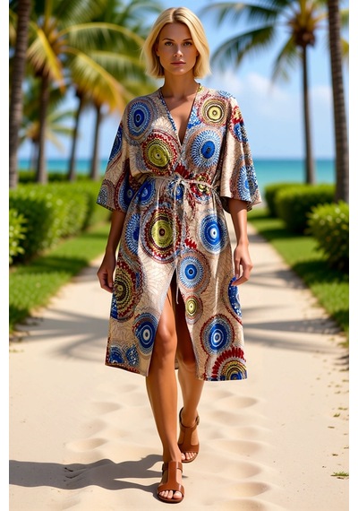 Ersefa Kadın Kısa Kollu Önü Açık Belden Kuşaklı Uzun Kimono Mandala Dese Çok Renkli