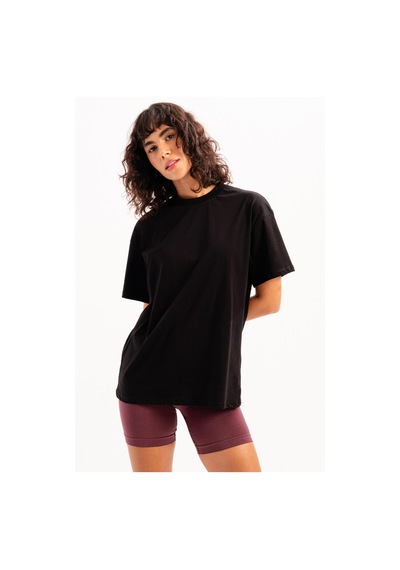 Justever 100% Pamuk Oversize Fit Bisiklet Yaka Siyah Kadın T-shirt - Halo Siyah