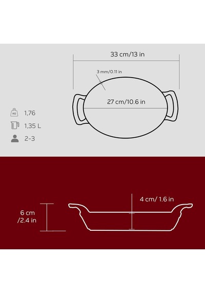 Tr Metal Oval Kuplu Döküm Tava 27x20, Kırmızı Diğer