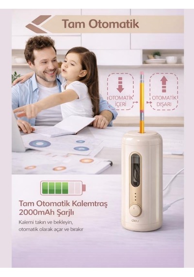 Va10 Bej Şarjlı Otomatik Elektrikli Kalemtıraş 2000mah 5 Kademe Uç Ayarlı, 6.9-12mm Jumbo Uyumlu, Type-c, Geniş Hazneli