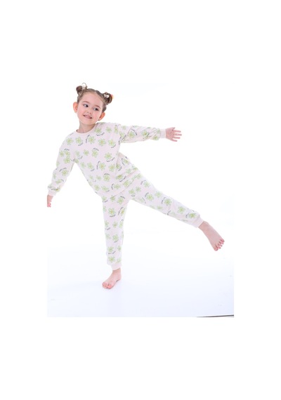 %100 Pamuk Çiçek Desenli Uzun Kollu Kız Çocuk Pijama Takımı 3,4,5,6,7,8 Yaş Yeşil