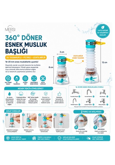 360 Döner Uzatılabilir Musluk Başlığı Su Tasarruflu Filtreli Esnek Musluk Aparatı 16-23 Mm 1