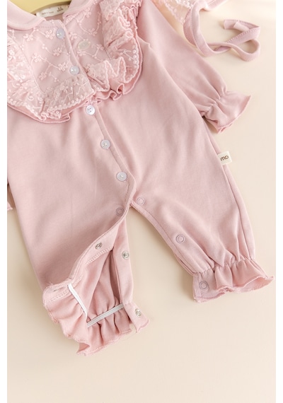 Babymod Güpürlü Şapkalı Bebe Yakalı 100% Pamuk Kız Bebek Tulum Gülkurusu