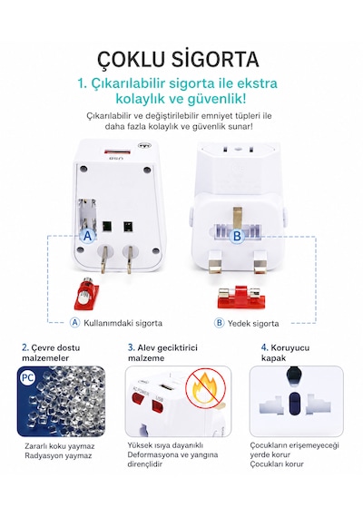 Universal Dünya Priz Dönüştürücü Seyahat Adaptörü Usb Şarj Girişli 150+ Ülke Uyumlu Çok Fonksiyonlu Adaptör Beyaz