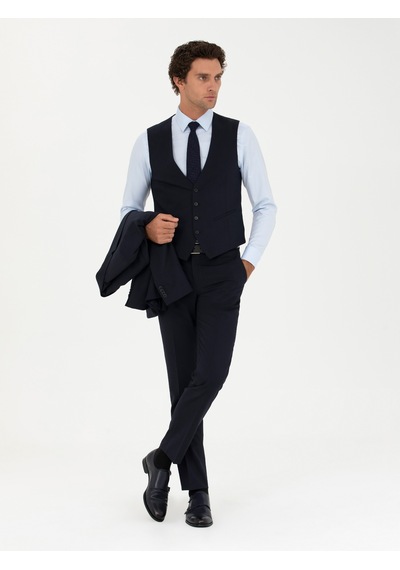 Cacharel Lacivert Slim Fit Yün Karışımlı Yelekli Takım Elbise