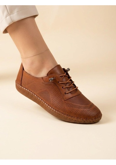 Beren Hakiki Deri Taba Kadın Yürüyüş Ayakkabı Lazer Delikli Ortopedik Taban Elastik Bağcıklı Comfort Sneaker