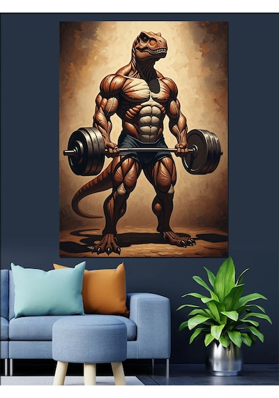 Ahşap Tablo Spor Yapan Kaslı Dinozor Figürü
