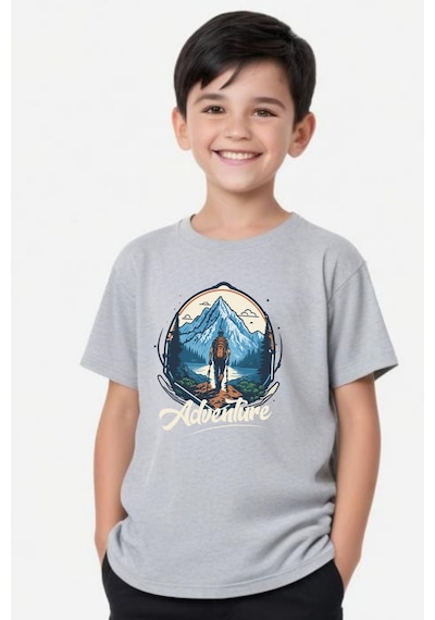 Panios Kids Adventure Baskılı Erkek Çocuk Yuvarlak Yaka Kısa Kollu T-shirt Gri