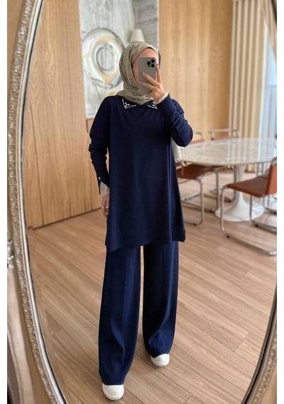 Ka Hijab Kolu Tüllü Merserize Takım - Lacivert