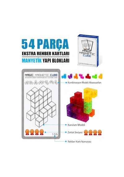 Manyetik Küp Blok 7 Parça Şeffaf Renkli Zeka Ve Stem Yapı Oyuncağı 54 Kartlı 6 X 6 X 6 Cm