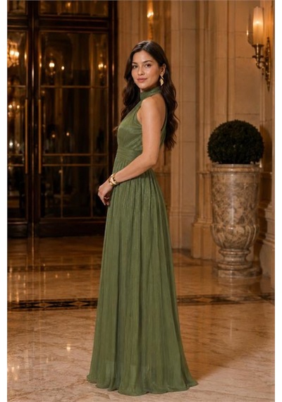 Neşeli Butik Kadın Olive Yeşil Halter Yaka Janjan Kumaş Premium Abiye Elbise Nbmy4128