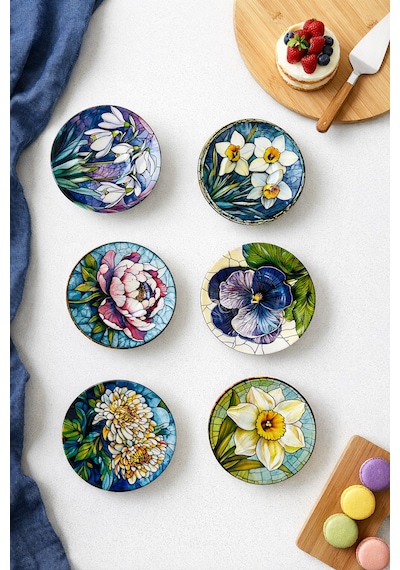 6 Adet Çiçek Desenli Çay Tabağı - Modern Çay Tabağı, Çay Tabak Çok Renkli