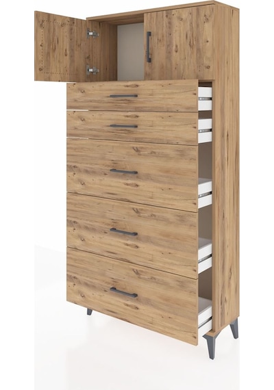 Arges Dolap Tek Raflı 5 Çekmeceli 2 Kapaklı 88x30x182 Çam-çam Çam