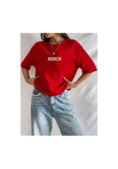 Medinenur Brooklyn Baskılı Unisex Bisiklet Yaka T-shirt Kırmızı