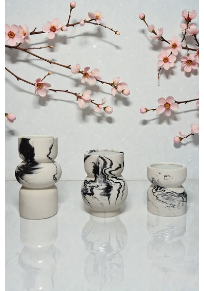 3lü Tealight Mumluk Seti - Dekoratif Beton Mumluk - Mumlar Dahildir Beyaz -  Siyah