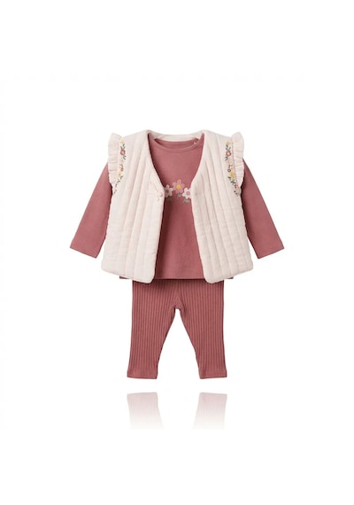 Mutlu Bebe Kız Bebek 3 Lü Takım Çiçek Desenli Bluz Pantolon Ve Yelek Şık Bebek Kıyafeti Bej