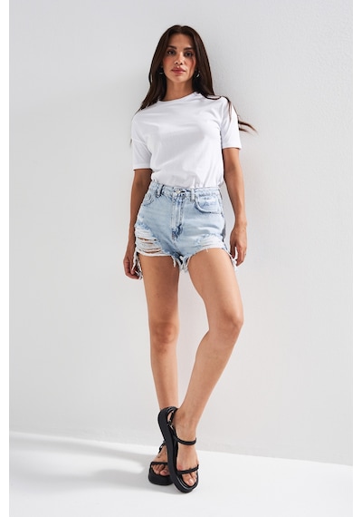 Itsbasic Kadın Ice Kot Rengi 12s5-3 Mini Boy Yüksek Bel Curved Yırtık Detaylı Püsküllü %100 Koton Denim Şort Ice Rengi