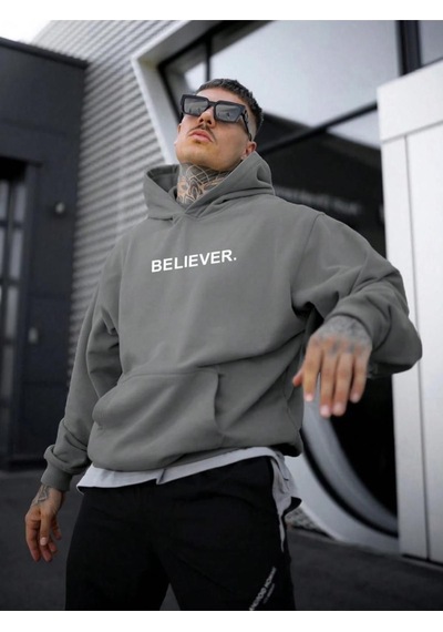 Altamira Erkek Believer Baskılı Oversize Kapşonlu Sweatshirt 001