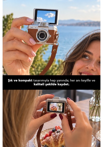 Mimtec Blm-110 Mini Retro Dijital Kamera - Flaşlı Katlanabilir Ekran 1080p Hd Video Selfie Vlog Kamerası Kahverengi