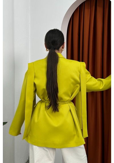 Msm Fashion Kadın Oversize Blazer Ceket Kuşaklı Omuz Detaylı Limon Yeşili Yeşil