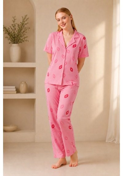 Dudak Desenli Pijama Takımı 4646-pembe