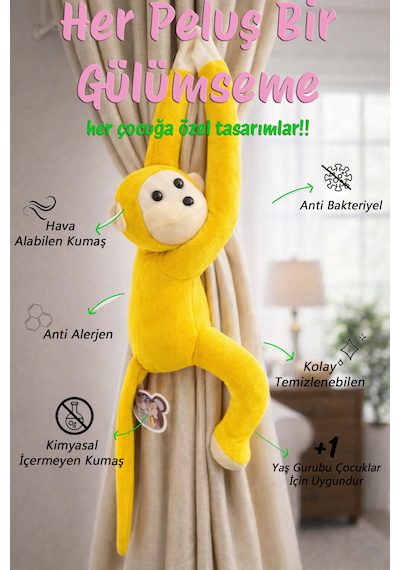Maymun Yapışkanlı Vikvik Sesli 60cm - Maymun Peluş Oyuncak Açık Sarı