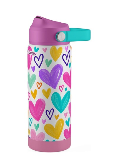 Puccon 540 Ml Kalp Desenli Mor - Pembe Kız Çocuk Pipetli Çelik Termos Matara/suluk - 60062