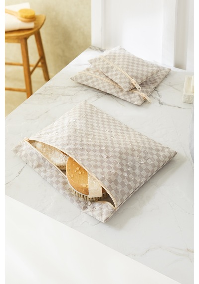 Ocean Home Textile 3'lü Su Geçirmez Pvc Astarlı Gri Dama Desen Islak Kuru Çantası 20 x 13 / 24 x 20 / 30 x 24 cm