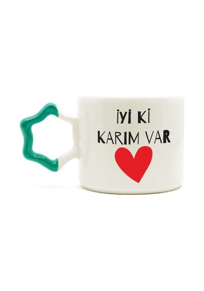 İyi Ki Karım Var Baskılı Yeşil Kulplu Yıldız Sevgililer Günü Kupası