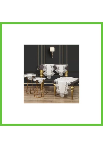 Bezos Kayla Krem-gold Model 5 Parça Keten Dantelli Masa Örtüsü Runner Seti Salon Takımı Dmc Krem - Gold