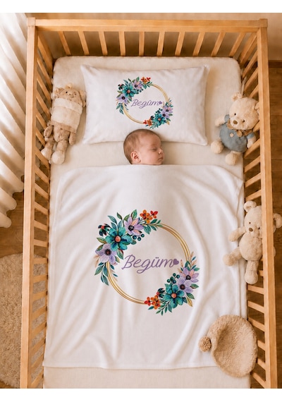 İsme Özel Kız Bebek Battaniye 80x80 Cm Ve Yastık Kılıfı 35x45 Cm %100 Pamuk Organik Baskılı Bebek Seti Bebek Hediyesi 1026yb Krem