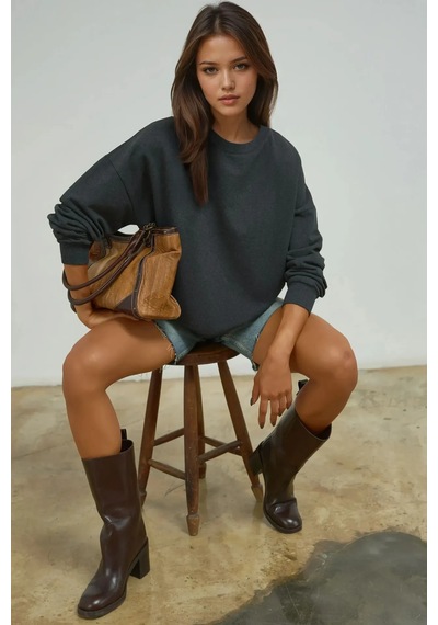 Hiccup Oversize Bisiklet Yaka Basic Sweatshirt Gri