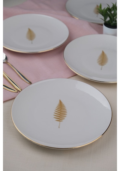 Tabak Evi Porselen Natura Fern Altın Yaldız Pasta Tabağı 20,50cm 4 Lü Çok Renkli