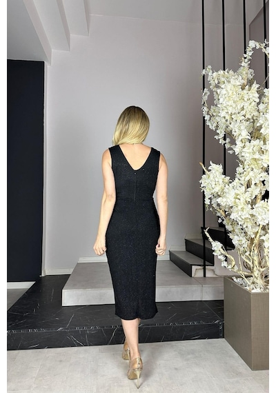 Ges Moda G0909 Drape Detaylı Simli Abiye Elbise Siyah-siyah Siyah