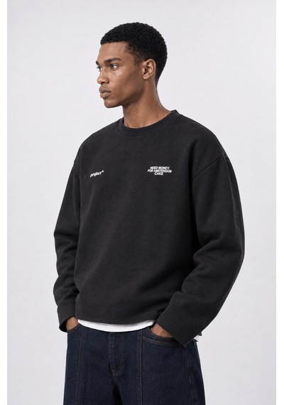 Respire Erkek Cake Baskılı Pis Dikiş Detaylı Oversize Sweatshirt Siyah