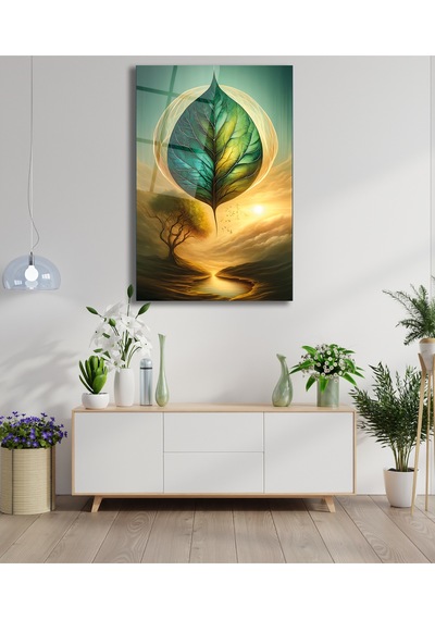 Soyut Yeşil Yaprak Dikey Cam Tablo Evlika, Modern Ev Ofis Salon Duvar Dekoru, Hediyelik Büyük Tablo Dekor