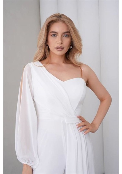 Neşeli Butik Kadın Beyaz Tek Kol Astarlı Tül Kumaş Tasarım Abiye Tulum Nbs9389