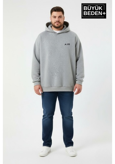 Süperlife Erkek Büyük Beden Ar Baskılı Kapüşonlu İnce Sweatshirt Spr26bsw963 Açık Gri Melanj