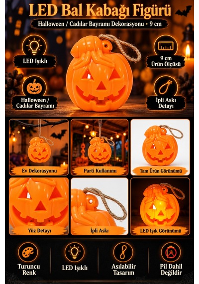 Led Bal Kabağı Figürü 9 Cm Turuncu Halloween Cadılar Bayramı Asılabilir Dekoratif Parti Süsü Renkli