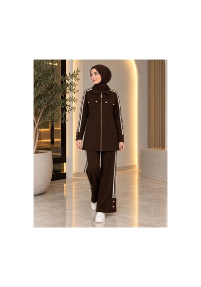 Krem Kadın Spor Şeritli Fermuarlı Tunik Pantolon İkili Takım Kahverengi - 943185560 Kahverengi Krem Kadın Spor Şeritli Fermuarlı Tunik Pantolon İkili Takım Kahverengi - 943185560 Kahverengi