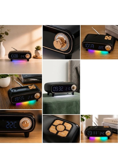 Buffer Retro Bluetooth Hoparlör, Fm Radyo, Led Işıklı Dijital Masa Saati Ve Termometre, Çok Fonksiyonlu Kablosuz Masa Ü