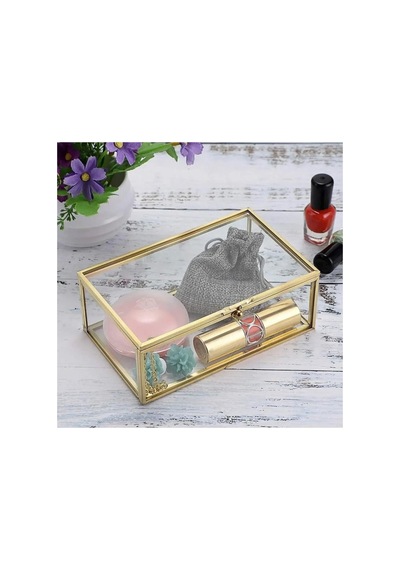 Cam Sandık, Cam Metal Çerçeveli Sunumluk Kapaklı Sandık, Çikolata Şeker Ve Takı Kutusu 25x15cm Altın Gold Gold