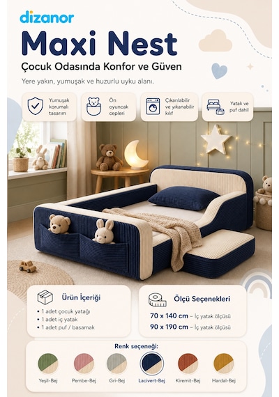 Dizanor Maxi Nest Pembe Fitilli Montessori Çocuk Karyolası Baza Başlık İç Yatak Seti 90 X 190 Cm