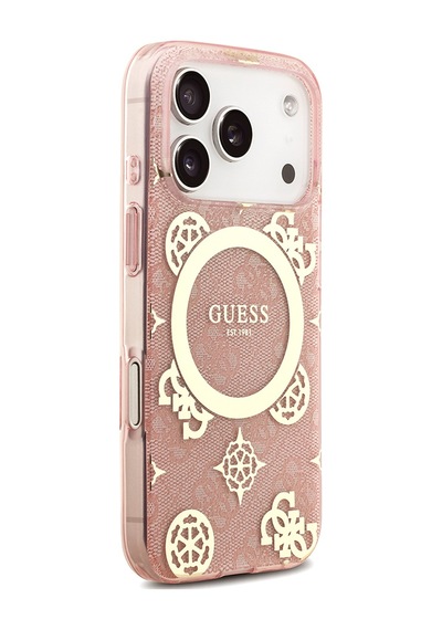 Apple iPhone Uyumlu 18 Pro Max Kılıf Guess Lisanslı M-safeli Iml Peony Ve 4g Desenli Klasik Logolu Kapak Pembe