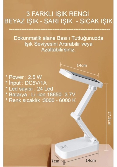 Katlanabilir Güneş Enerjili & Şarjlı Masa Lambası Çalışma Okuma Kamp Gece Lambası 3 Renk Işık Beyaz