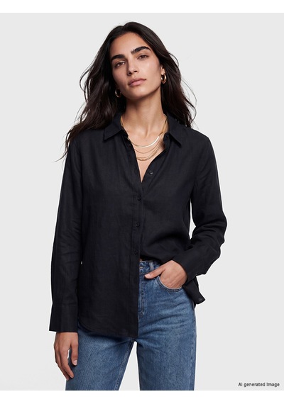 Lcw Vision Siyah Oversize Kadın %100 Keten Gömlek
