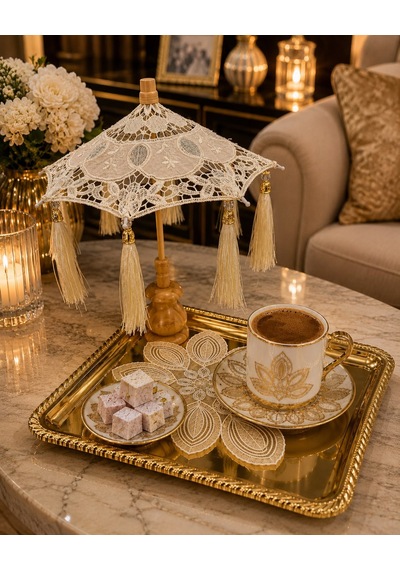 Premium Gold Tepsi Gold Detay Metal Sunum Seti Altın - Gül