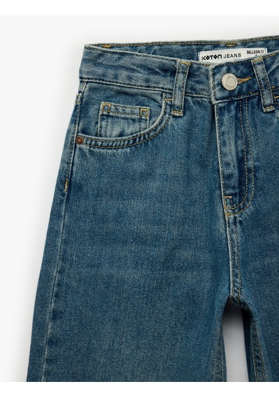 Koton Beli Ayarlanabilir Lastikli Pamuklu Cepli Denim Pantolon Orta İndigo 7wkb40010td