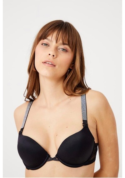 Diva Destekli Double Push Up Siyah Taşlı Sütyen Takımı Siyah
